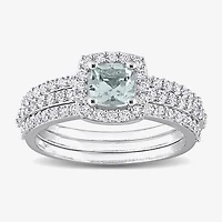 Modern Bride Gemstone Womens Genuine Blue Aquamarine Sterling Silver Cushion Side Stone Halo Bridal Set