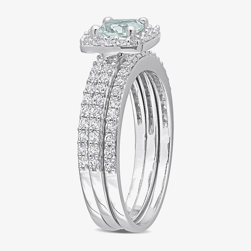 Modern Bride Gemstone Womens Genuine Blue Aquamarine Sterling Silver Cushion Side Stone Halo Bridal Set