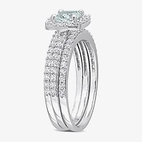 Modern Bride Gemstone Womens Genuine Blue Aquamarine Sterling Silver Cushion Side Stone Halo Bridal Set