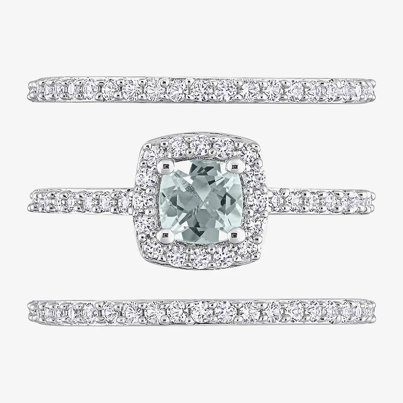 Modern Bride Gemstone Womens Genuine Blue Aquamarine Sterling Silver Cushion Side Stone Halo Bridal Set