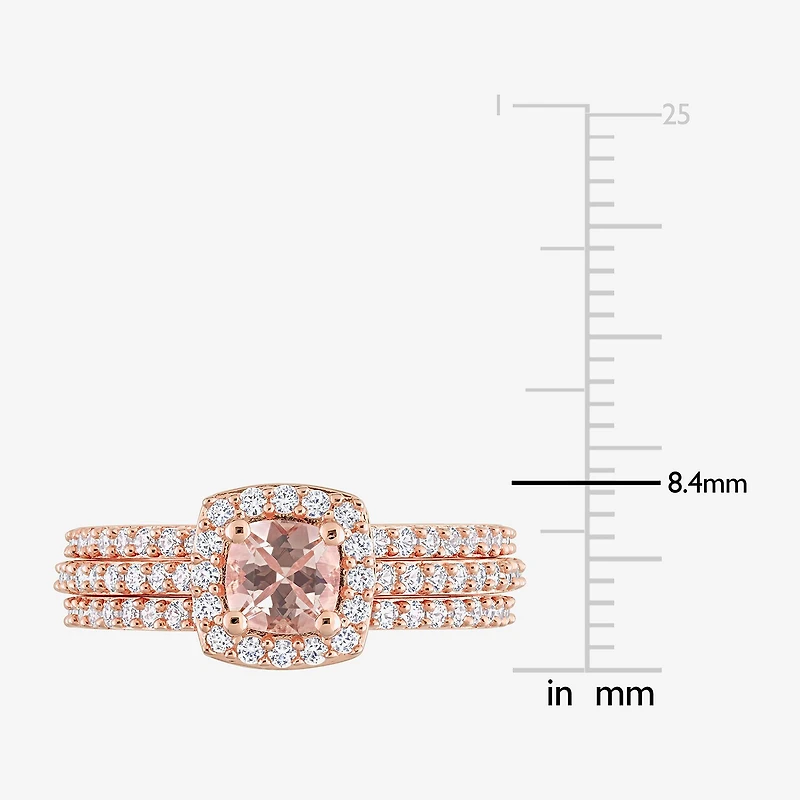 Modern Bride Gemstone Womens Genuine Pink Morganite 18K Rose Gold Over Silver Cushion Side Stone Halo Bridal Set