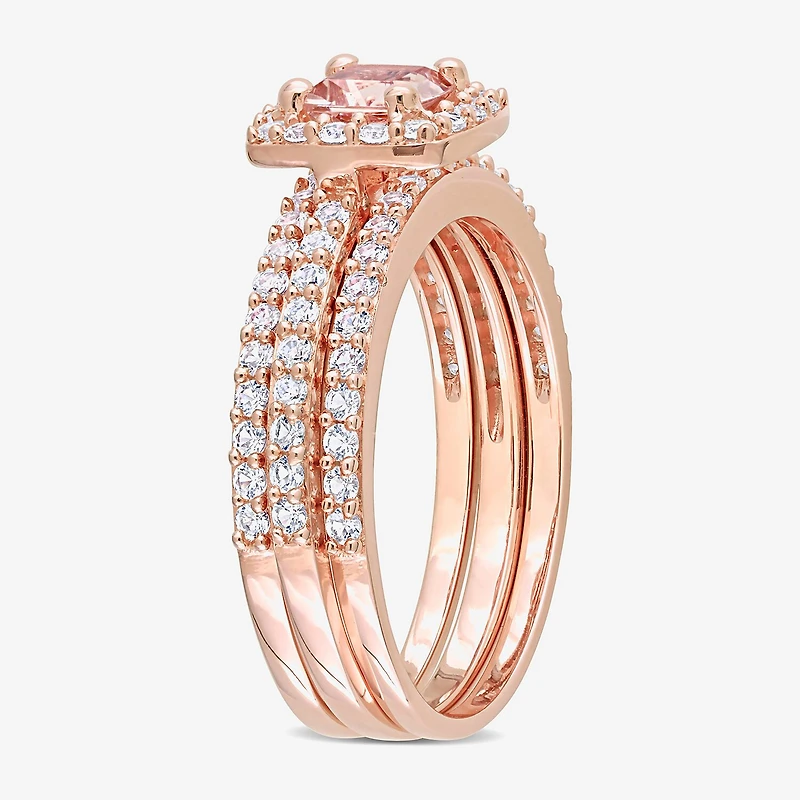 Modern Bride Gemstone Womens Genuine Pink Morganite 18K Rose Gold Over Silver Cushion Side Stone Halo Bridal Set