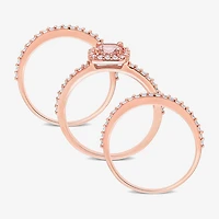 Modern Bride Gemstone Womens Genuine Pink Morganite 18K Rose Gold Over Silver Cushion Side Stone Halo Bridal Set