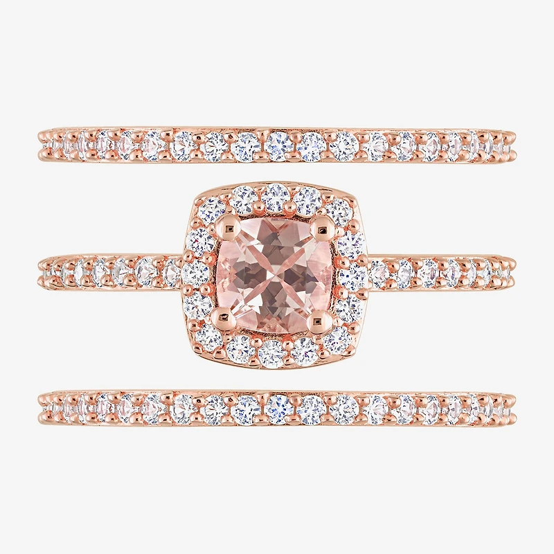 Modern Bride Gemstone Womens Genuine Pink Morganite 18K Rose Gold Over Silver Cushion Side Stone Halo Bridal Set