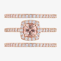 Modern Bride Gemstone Womens Genuine Pink Morganite 18K Rose Gold Over Silver Cushion Side Stone Halo Bridal Set