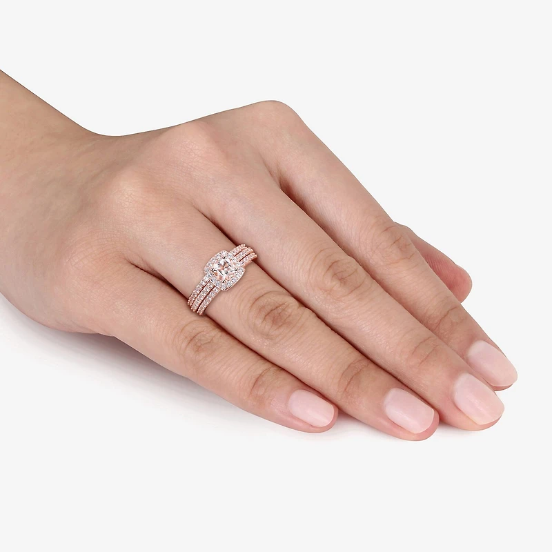 Modern Bride Gemstone Womens Genuine Pink Morganite 18K Rose Gold Over Silver Cushion Side Stone Halo Bridal Set