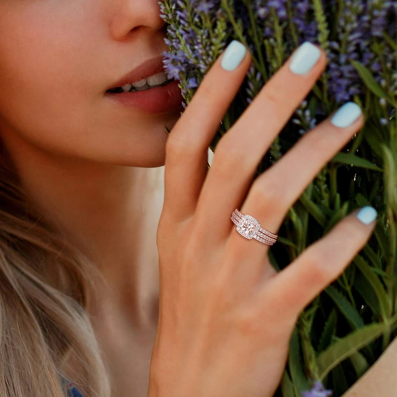 Modern Bride Gemstone Womens Genuine Pink Morganite 18K Rose Gold Over Silver Cushion Side Stone Halo Bridal Set