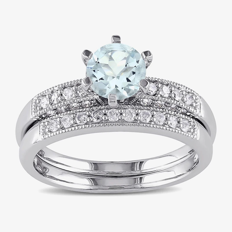 Modern Bride Gemstone Womens 1/3 CT. T.W. Genuine Blue Aquamarine 10K Gold Round Side Stone Bridal Set