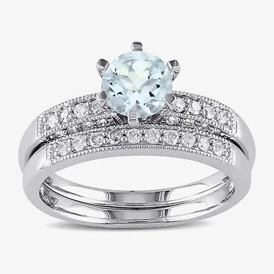 Modern Bride Gemstone Womens 1/3 CT. T.W. Genuine Blue Aquamarine 10K Gold Round Side Stone Bridal Set