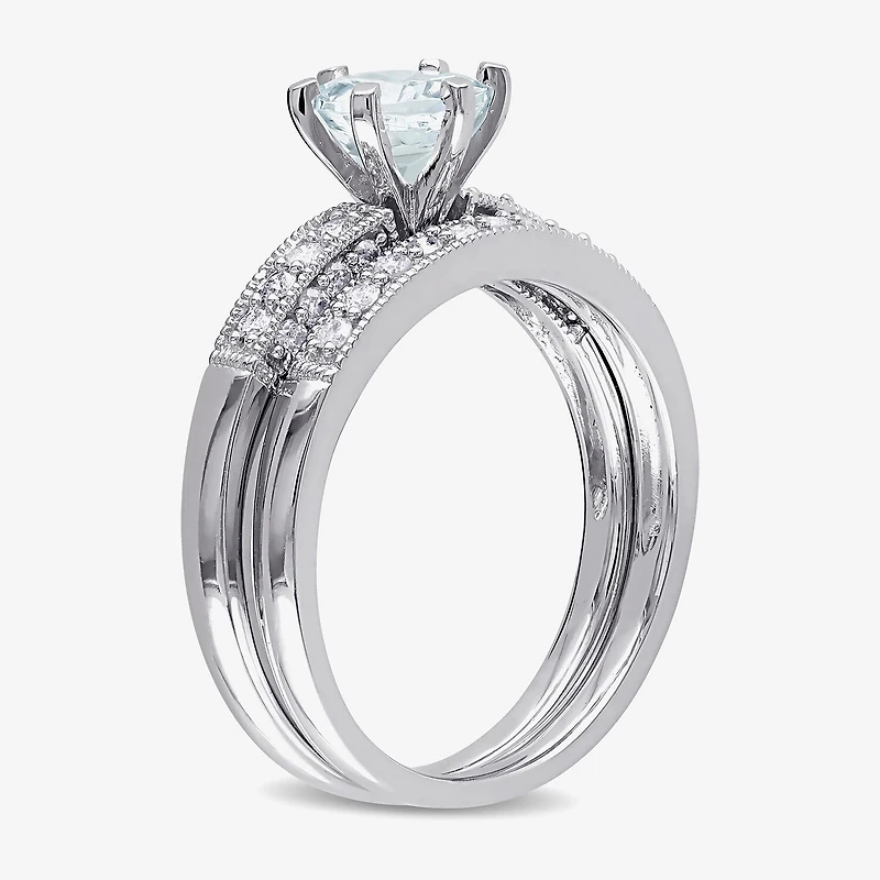 Modern Bride Gemstone Womens 1/3 CT. T.W. Genuine Blue Aquamarine 10K Gold Round Side Stone Bridal Set
