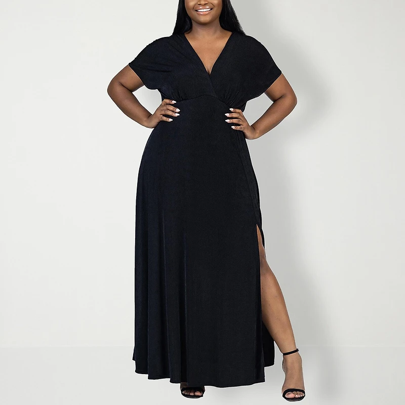 24seven Comfort Apparel Womens Plus V Neck Short Sleeve Maxi Dress