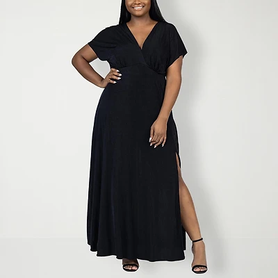 24seven Comfort Apparel Womens Plus V Neck Short Sleeve Maxi Dress