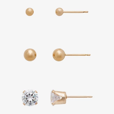 Gold Theory Womens Cubic Zirconia Round 3 Pair Earring Set