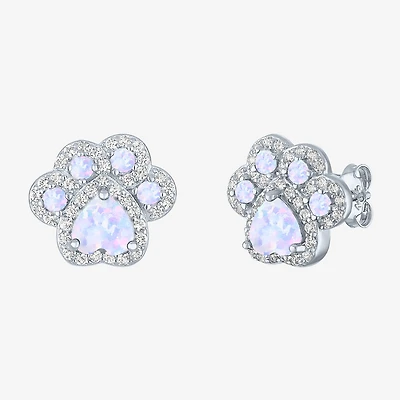 Paw Print Lab Created White Opal Sterling Silver 4mm Stud Earrings
