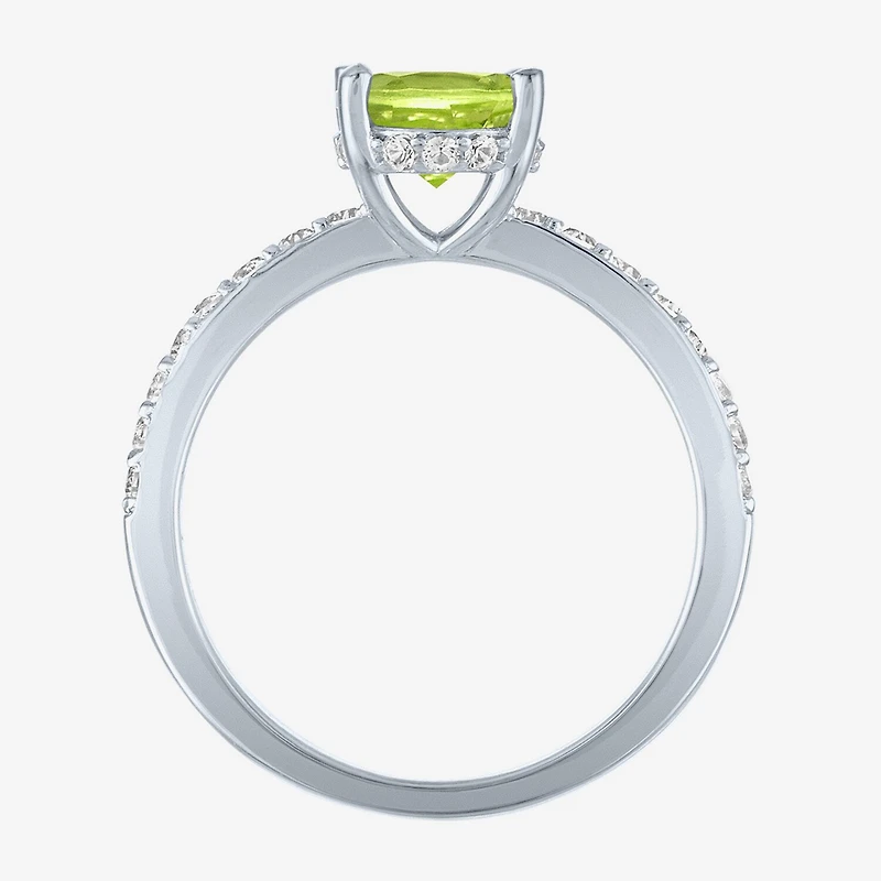 Womens Genuine Green Peridot Sterling Silver Oval Side Stone Cocktail Ring