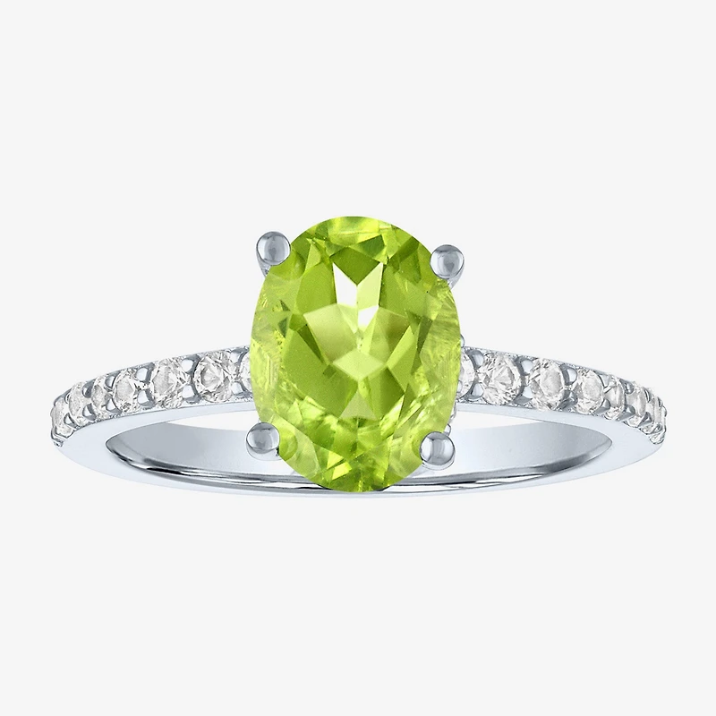 Womens Genuine Green Peridot Sterling Silver Oval Side Stone Cocktail Ring