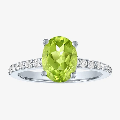 Womens Genuine Green Peridot Sterling Silver Oval Side Stone Cocktail Ring