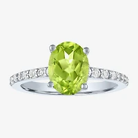 Womens Genuine Green Peridot Sterling Silver Oval Side Stone Cocktail Ring