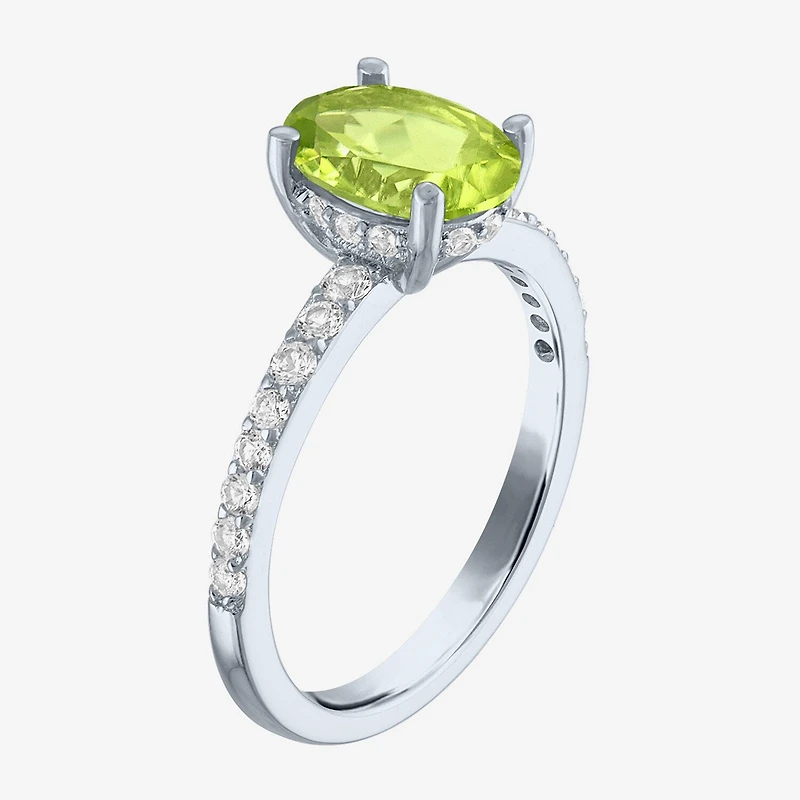 Womens Genuine Green Peridot Sterling Silver Oval Side Stone Cocktail Ring