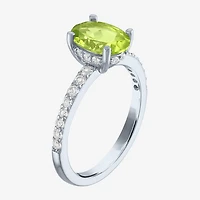 Womens Genuine Green Peridot Sterling Silver Oval Side Stone Cocktail Ring