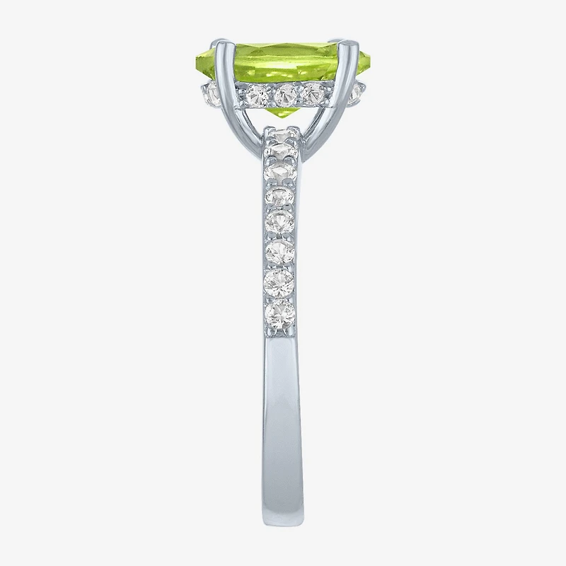 Womens Genuine Green Peridot Sterling Silver Oval Side Stone Cocktail Ring