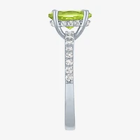 Womens Genuine Green Peridot Sterling Silver Oval Side Stone Cocktail Ring