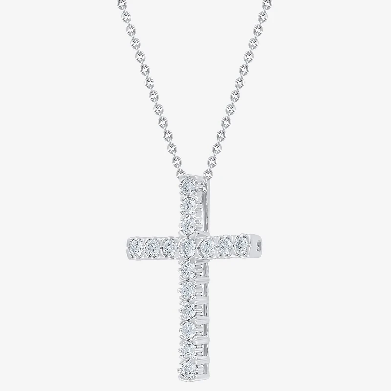 (G/Si2) Womens 1/4 CT. T.W. Lab Grown White Diamond 10K Gold Cross 18 Inch Pendant Necklace