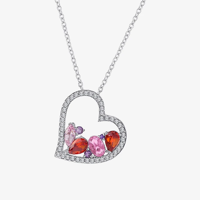 Diamonart Womens Multi Color Cubic Zirconia Sterling Silver Heart 18 Inch Pendant Necklace