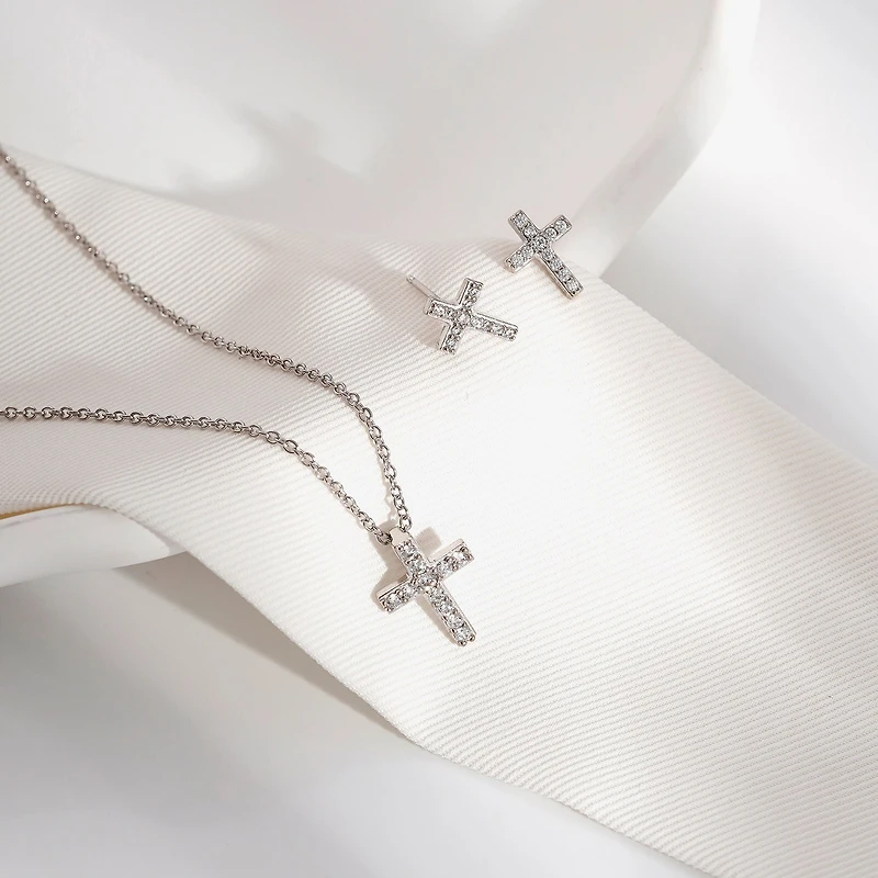 Diamonart Womens Cubic Zirconia Sterling Silver Cross 2-pc. Jewelry Set