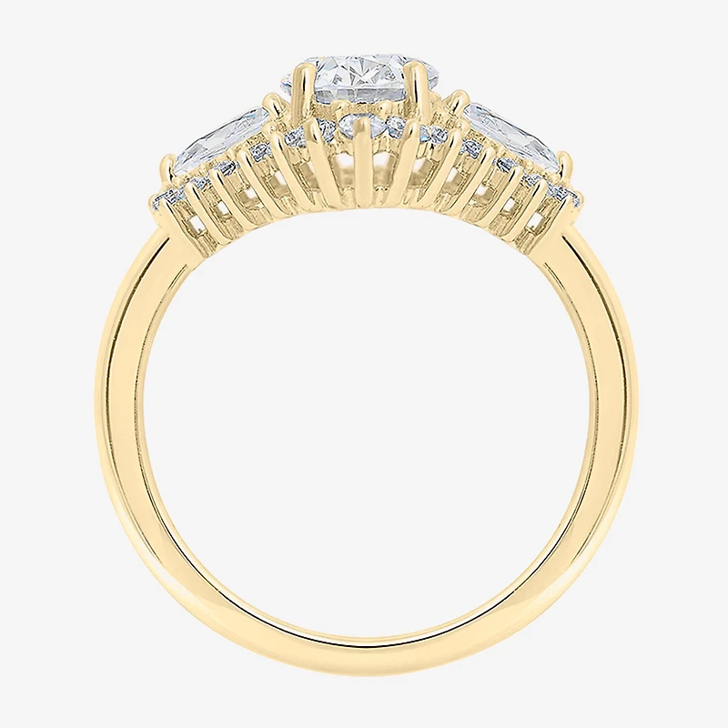 Diamonart Womens Cubic Zirconia 14K Gold Over Silver Sterling Oval Pear 3-Stone Engagement Ring