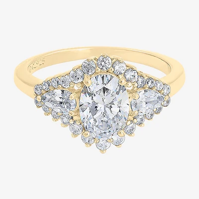 Diamonart Womens Cubic Zirconia 14K Gold Over Silver Sterling Oval Pear 3-Stone Engagement Ring