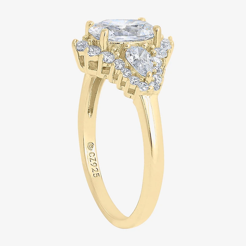 Diamonart Womens Cubic Zirconia 14K Gold Over Silver Sterling Oval Pear 3-Stone Engagement Ring