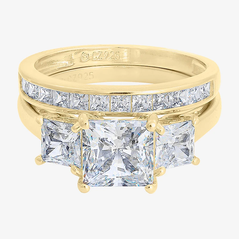 Diamonart Womens Cubic Zirconia 14K Gold Over Silver 3-Stone Bridal Set