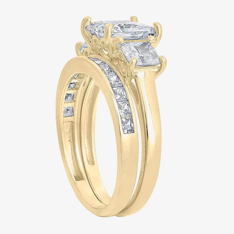 Diamonart Womens Cubic Zirconia 14K Gold Over Silver 3-Stone Bridal Set