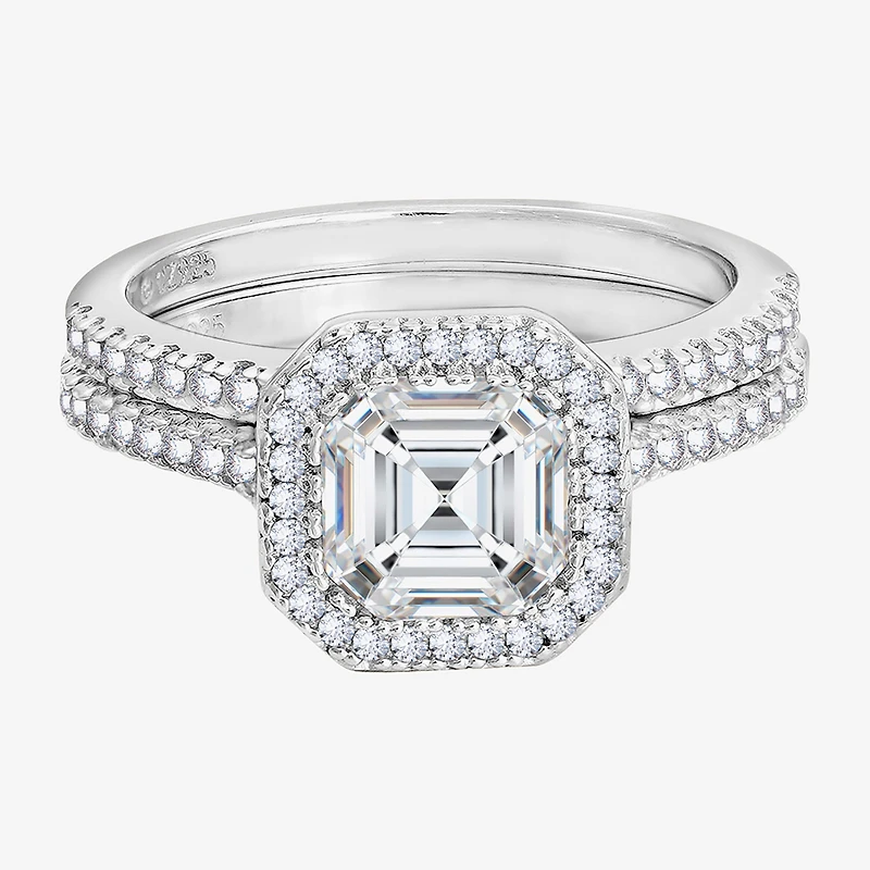 Diamonart Womens Cubic Zirconia Sterling Silver Cushion Side Stone Halo Bridal Set
