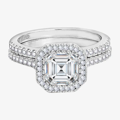 Diamonart Womens Cubic Zirconia Sterling Silver Cushion Side Stone Halo Bridal Set