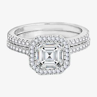Diamonart Womens Cubic Zirconia Sterling Silver Cushion Side Stone Halo Bridal Set