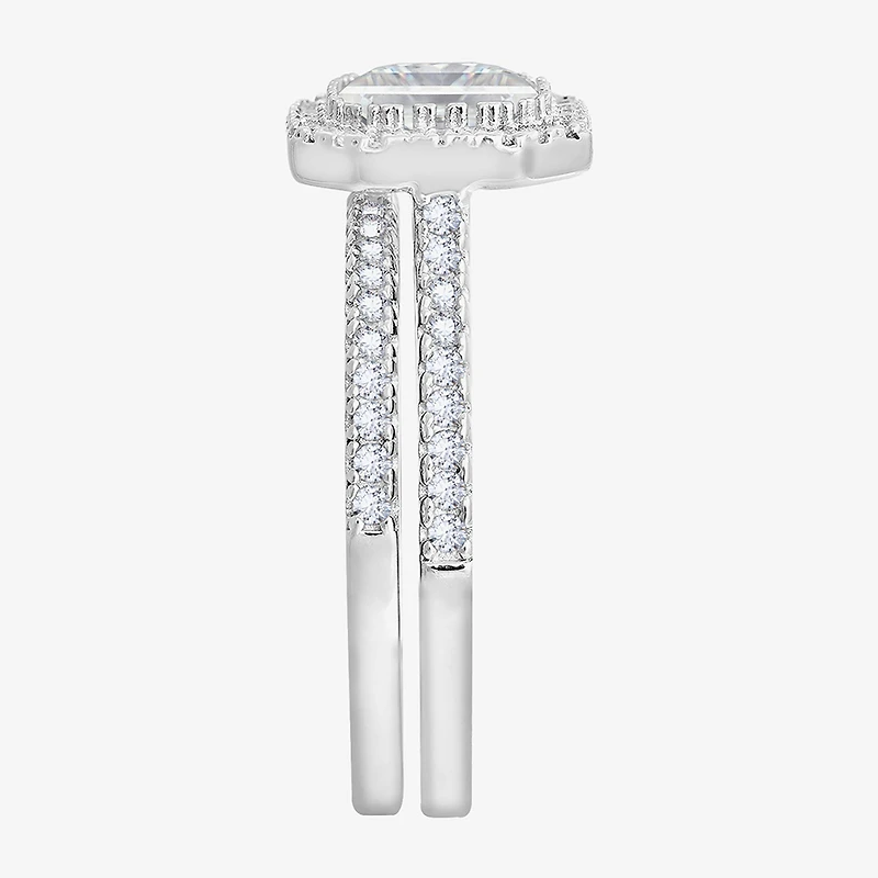 Diamonart Womens Cubic Zirconia Sterling Silver Cushion Side Stone Halo Bridal Set