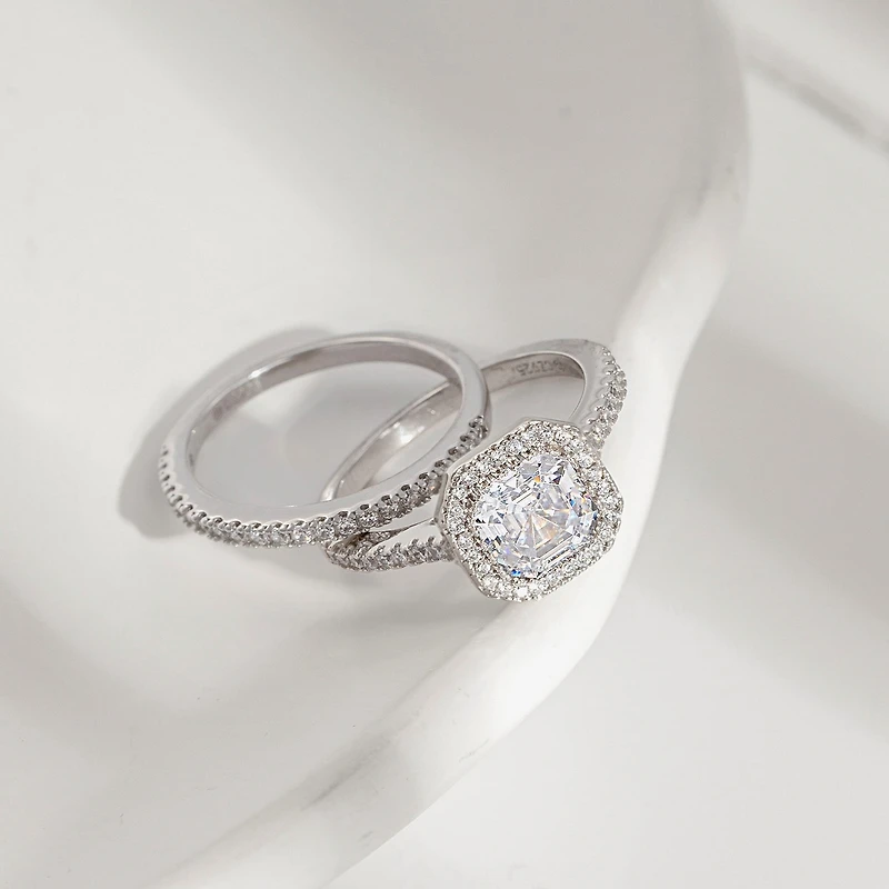 Diamonart Womens Cubic Zirconia Sterling Silver Cushion Side Stone Halo Bridal Set