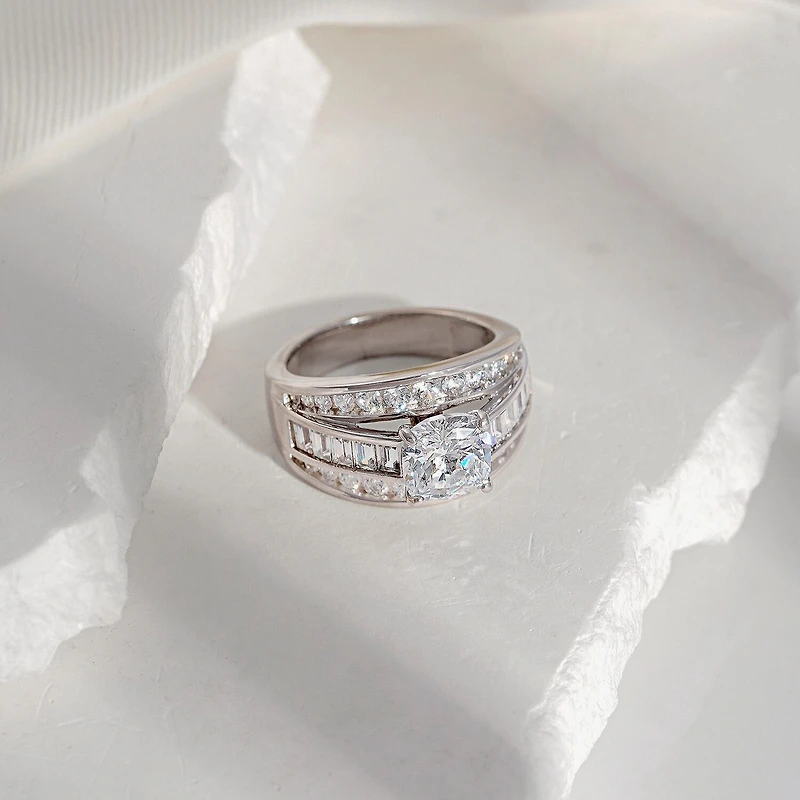 Diamonart Womens Cubic Zirconia Sterling Silver Side Stone Engagement Ring