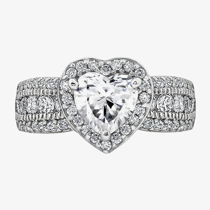 Diamonart Womens Cubic Zirconia Sterling Silver Heart Halo Side Stone Cocktail Ring