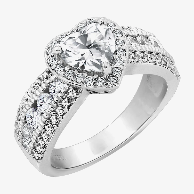 Diamonart Womens Cubic Zirconia Sterling Silver Heart Halo Side Stone Cocktail Ring