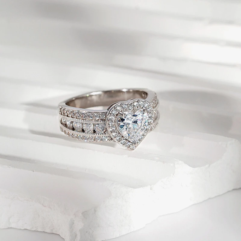 Diamonart Womens Cubic Zirconia Sterling Silver Heart Halo Side Stone Cocktail Ring
