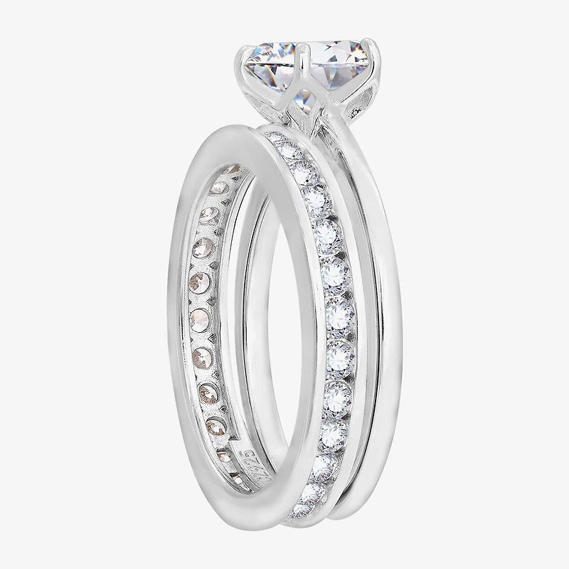 Diamonart Womens Cubic Zirconia Sterling Silver Round Side Stone Bridal Set