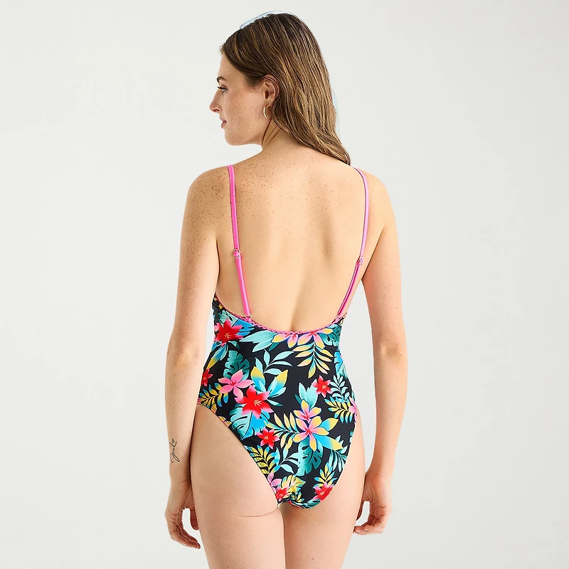 Arizona Womens Exotic Tropical Leaf Juniors Cheeky One Piece Swimsuit