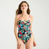 Arizona Womens Exotic Tropical Leaf Juniors Cheeky One Piece Swimsuit