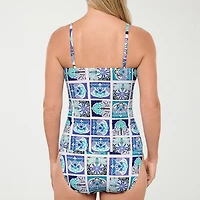 Liz Claiborne Womens Comfort Straps Shirred Patchwork Tankini Swimsuit Top