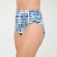 Liz Claiborne Womens Comfort Waistband Patchwork Moderate Coverage High Waist Bikini Swimsuit Bottom