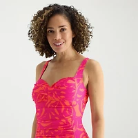 Liz Claiborne Womens Adjustable Features Exotic Tropical Leaf Full Coverage One Piece Swimsuit