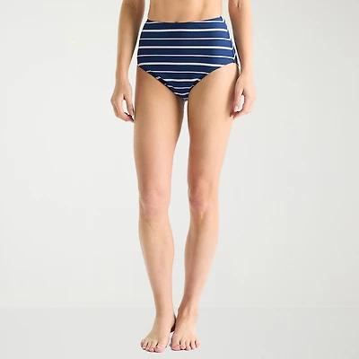 Liz Claiborne Womens Lined Striped Full Coverage High Waist Bikini Swimsuit Bottom